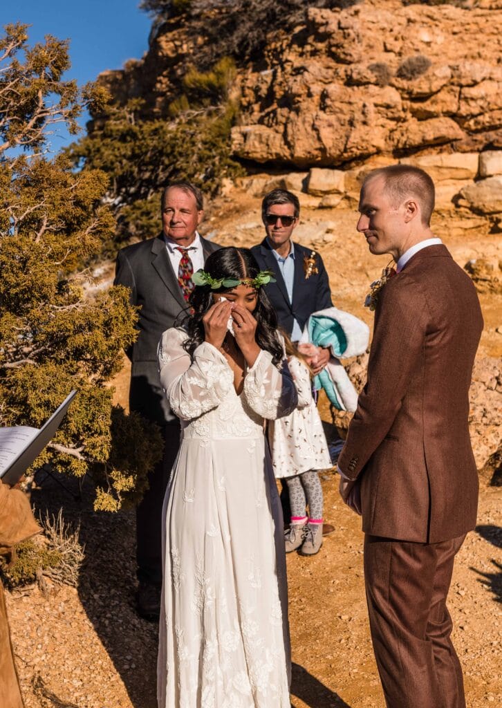 Bride crying during Grand Canyon Ceremony